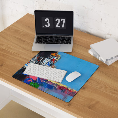 Urban Blues Large Gaming Mouse Pad - Cityscape Blue Desk Impasto Bold Modern Abstract Large Desk Mat Acrylic