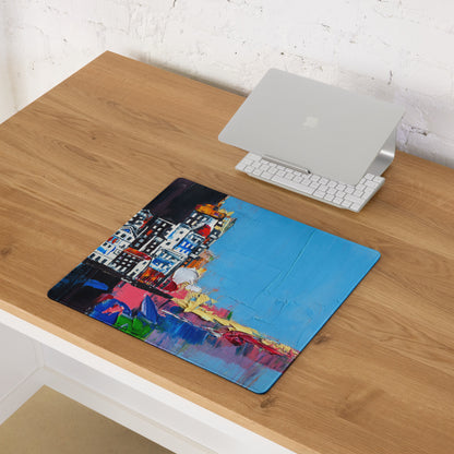 Urban Blues Large Gaming Mouse Pad - Cityscape Blue Desk Impasto Bold Modern Abstract Large Desk Mat Acrylic