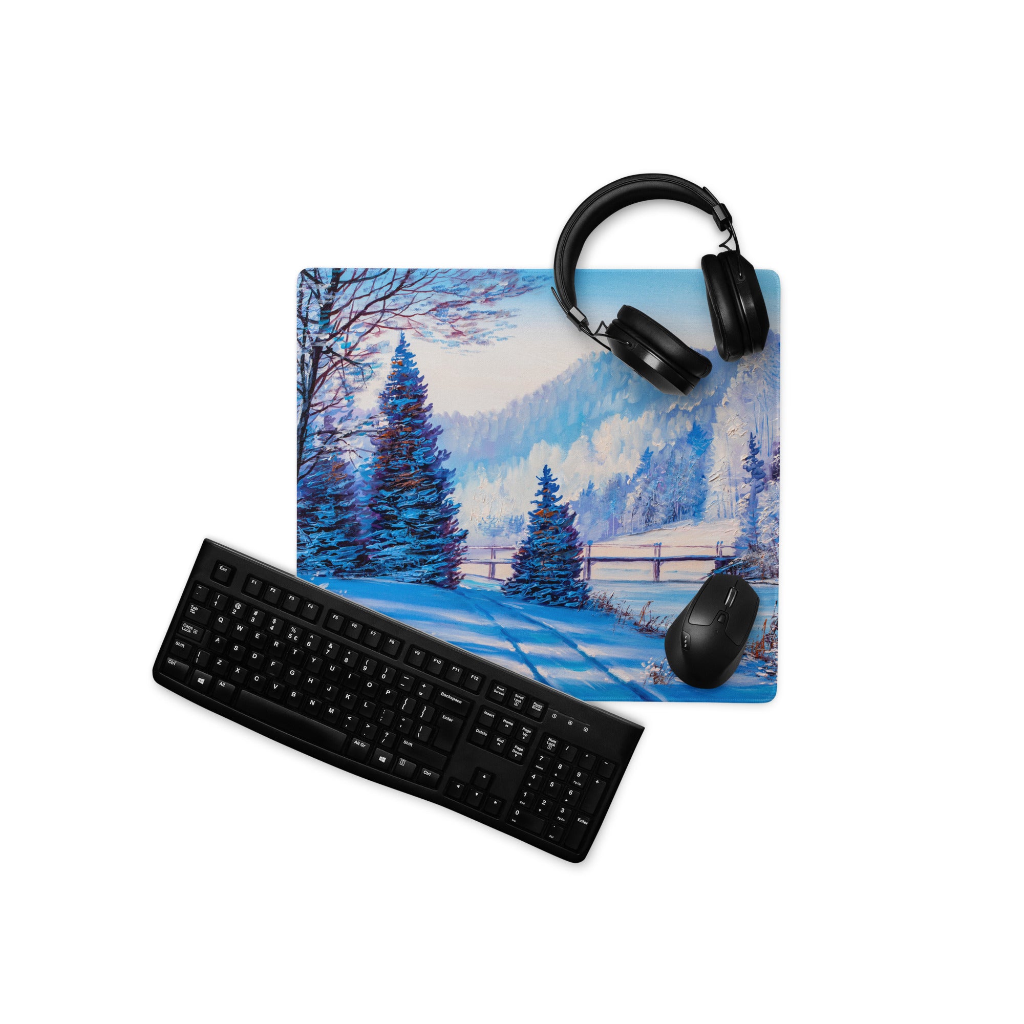 Winter Mountain Vista Pad - Winter Mountain Landscape Blue White Desk Pad Calm Mood Nordic Minimalist Oil Painting