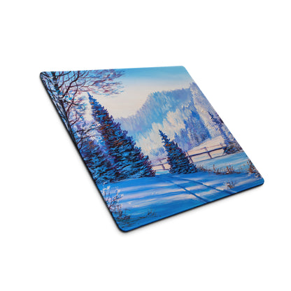 Winter Mountain Vista Pad - Winter Mountain Landscape Blue White Desk Pad Calm Mood Nordic Minimalist Oil Painting