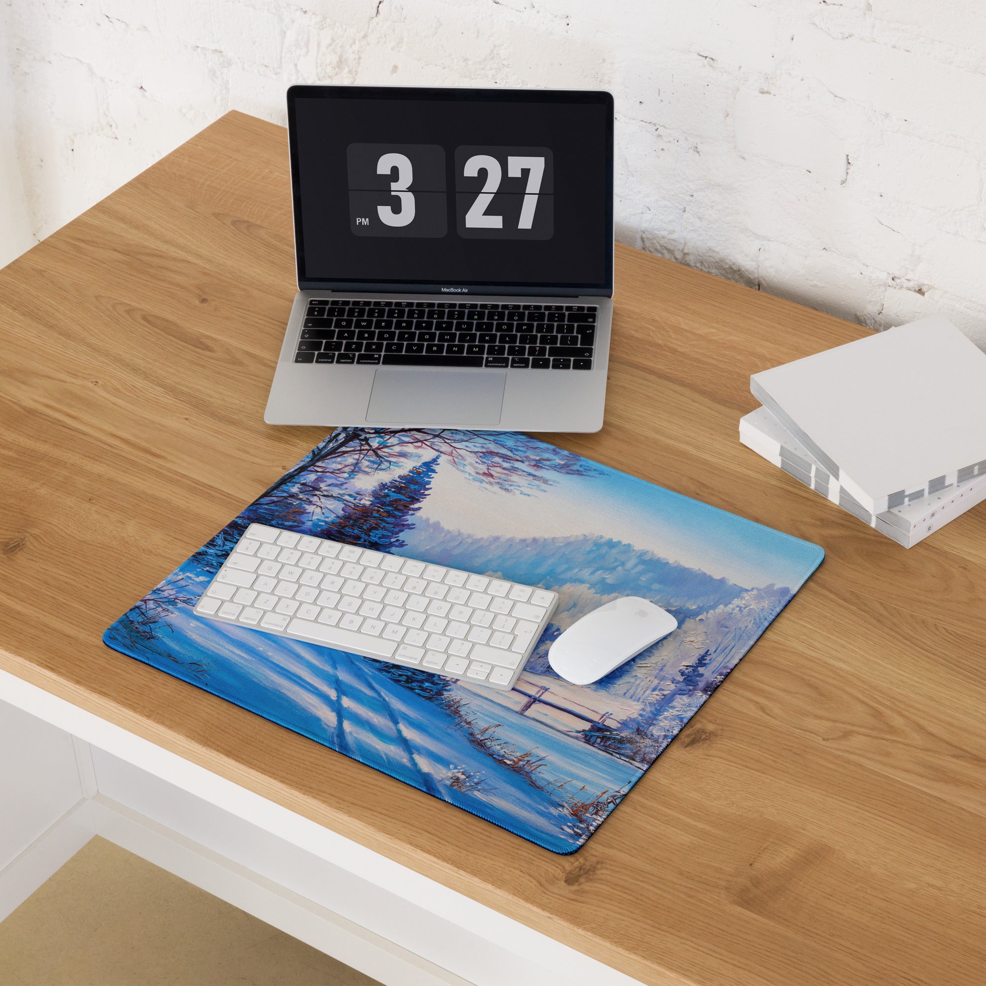 Winter Mountain Vista Pad - Winter Mountain Landscape Blue White Desk Pad Calm Mood Nordic Minimalist Oil Painting