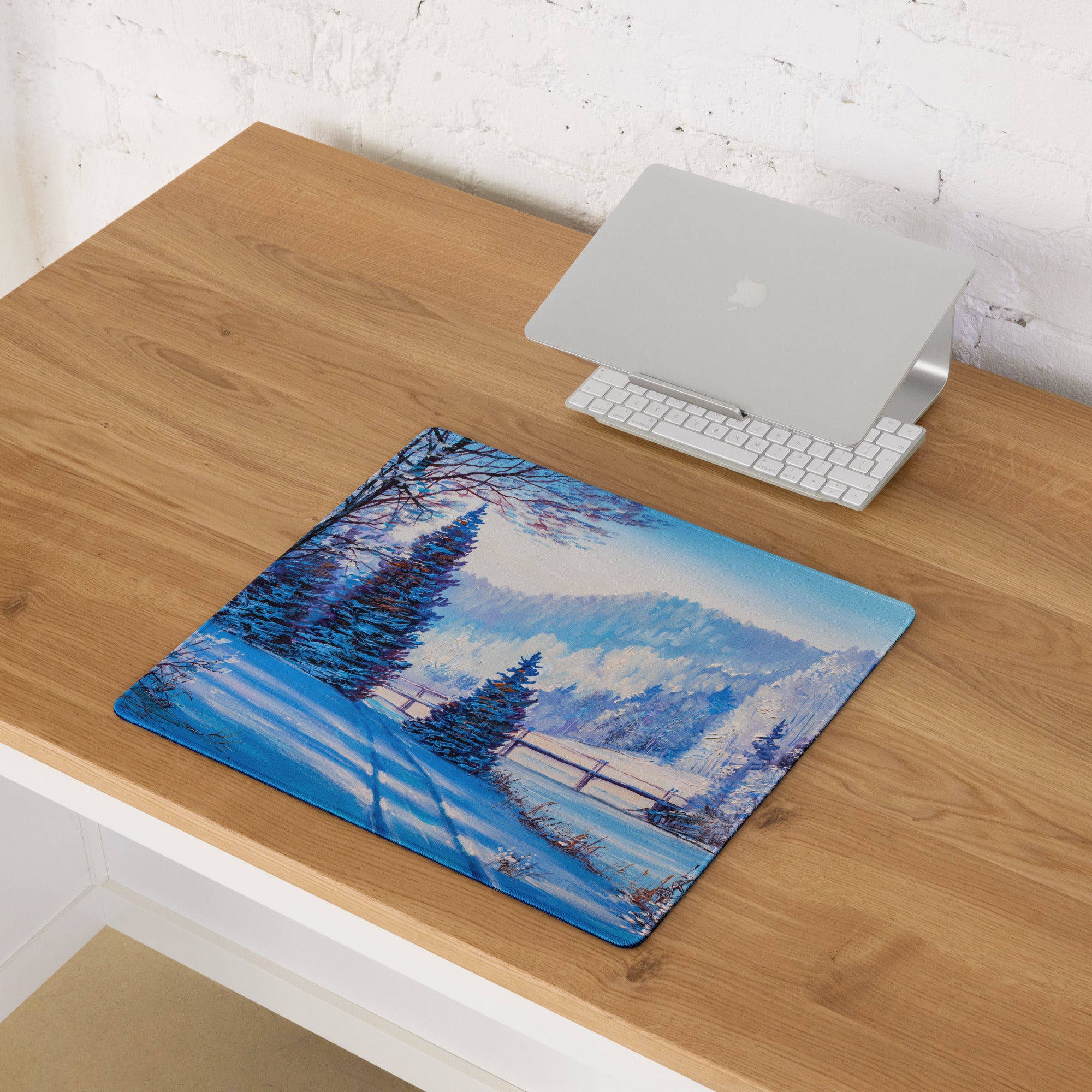 Winter Mountain Vista Pad - Winter Mountain Landscape Blue White Desk Pad Calm Mood Nordic Minimalist Oil Painting