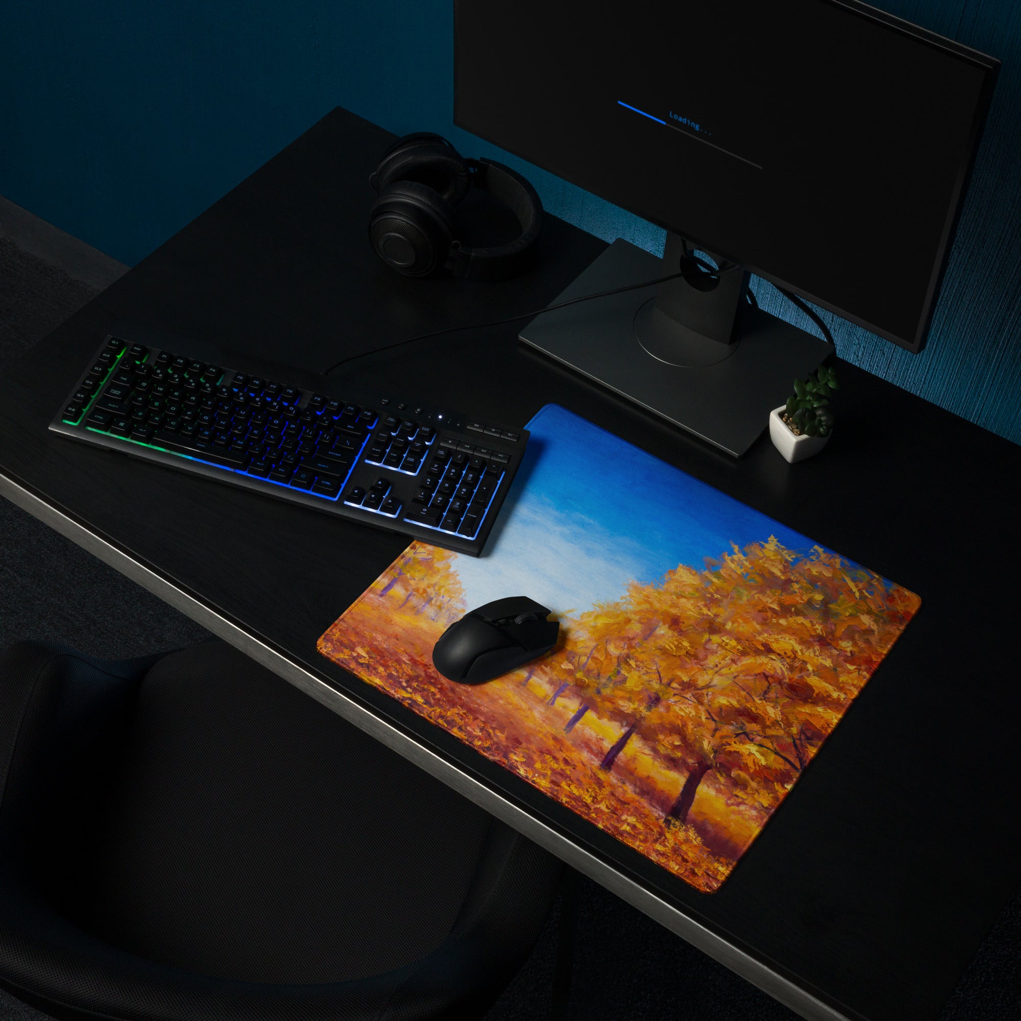 Autumn Leaves Mouse Pad - Autumn Leaves Desk Pad Orange Blue Impressionist Vibrant Cozy Rustic Modern Gaming Oil Canvas