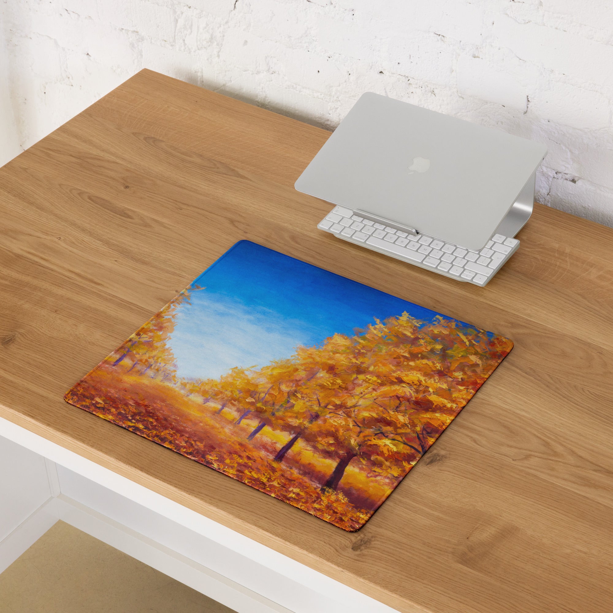 Autumn Leaves Mouse Pad - Autumn Leaves Desk Pad Orange Blue Impressionist Vibrant Cozy Rustic Modern Gaming Oil Canvas