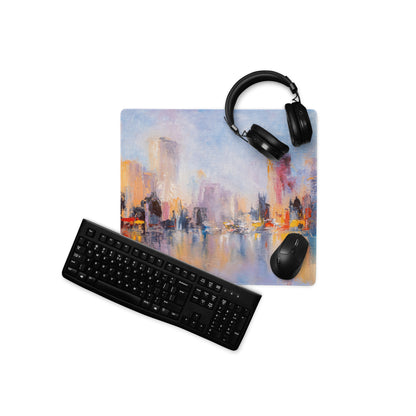 City Skyline Impressionist Mouse Pad - Abstract Cityscape Blues Desk Decor Mood Vibrant Urban Art Oil Painting