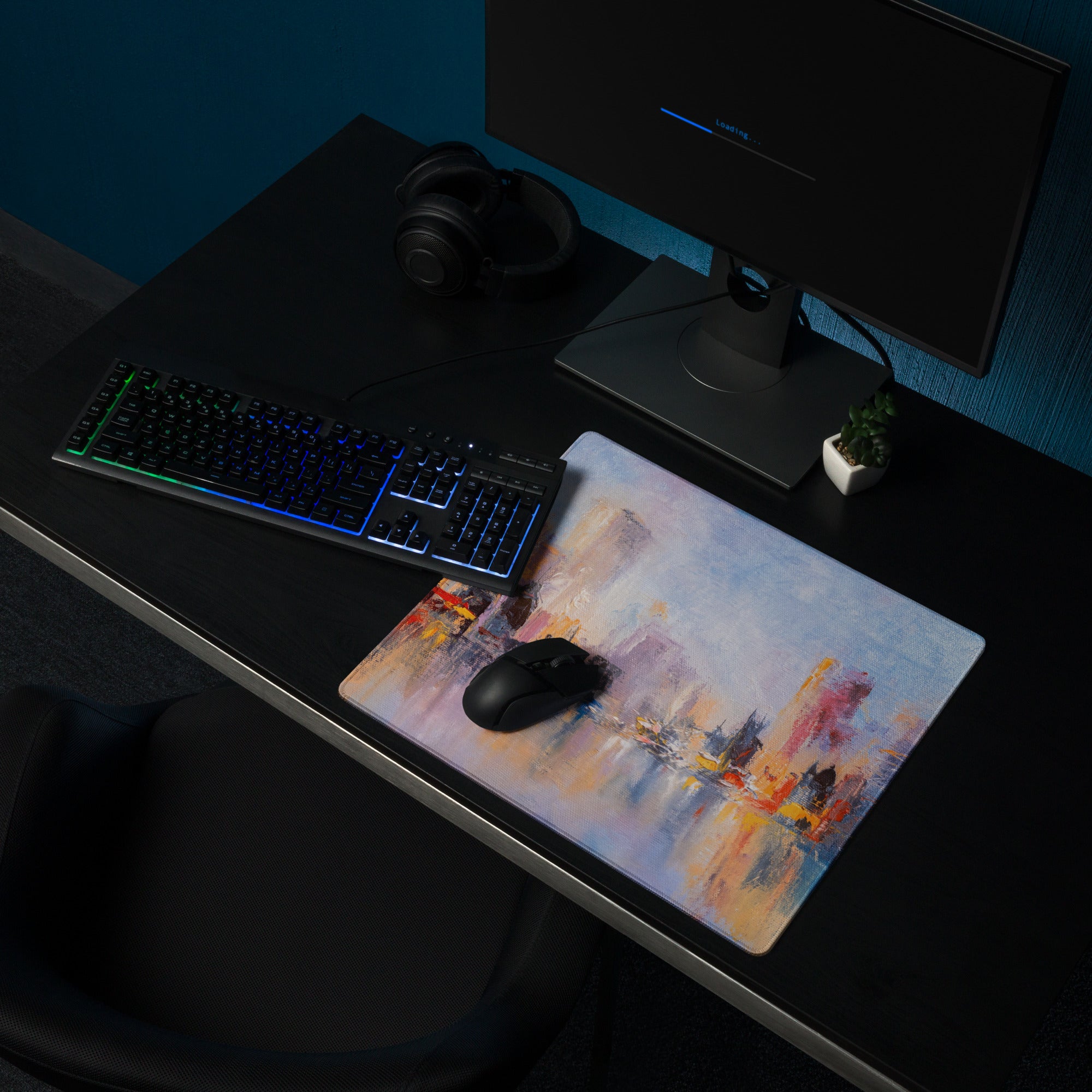 City Skyline Impressionist Mouse Pad - Abstract Cityscape Blues Desk Decor Mood Vibrant Urban Art Oil Painting