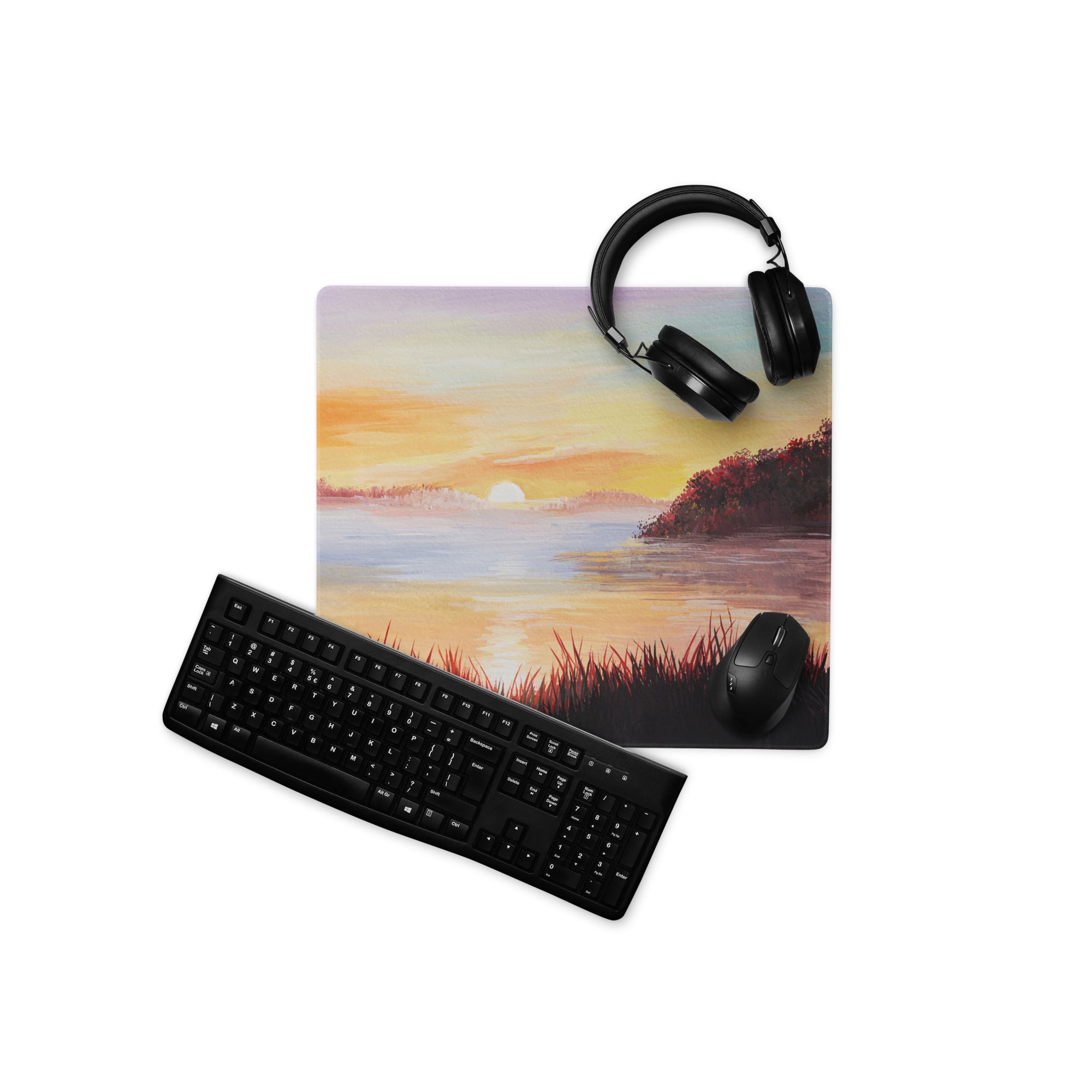 Sunset Coastal Landscape Mouse Pad - Sunset Coastal Landscape, warm oranges blues, gaming desk, impressionist style - calm mood, modern decor, oil painting