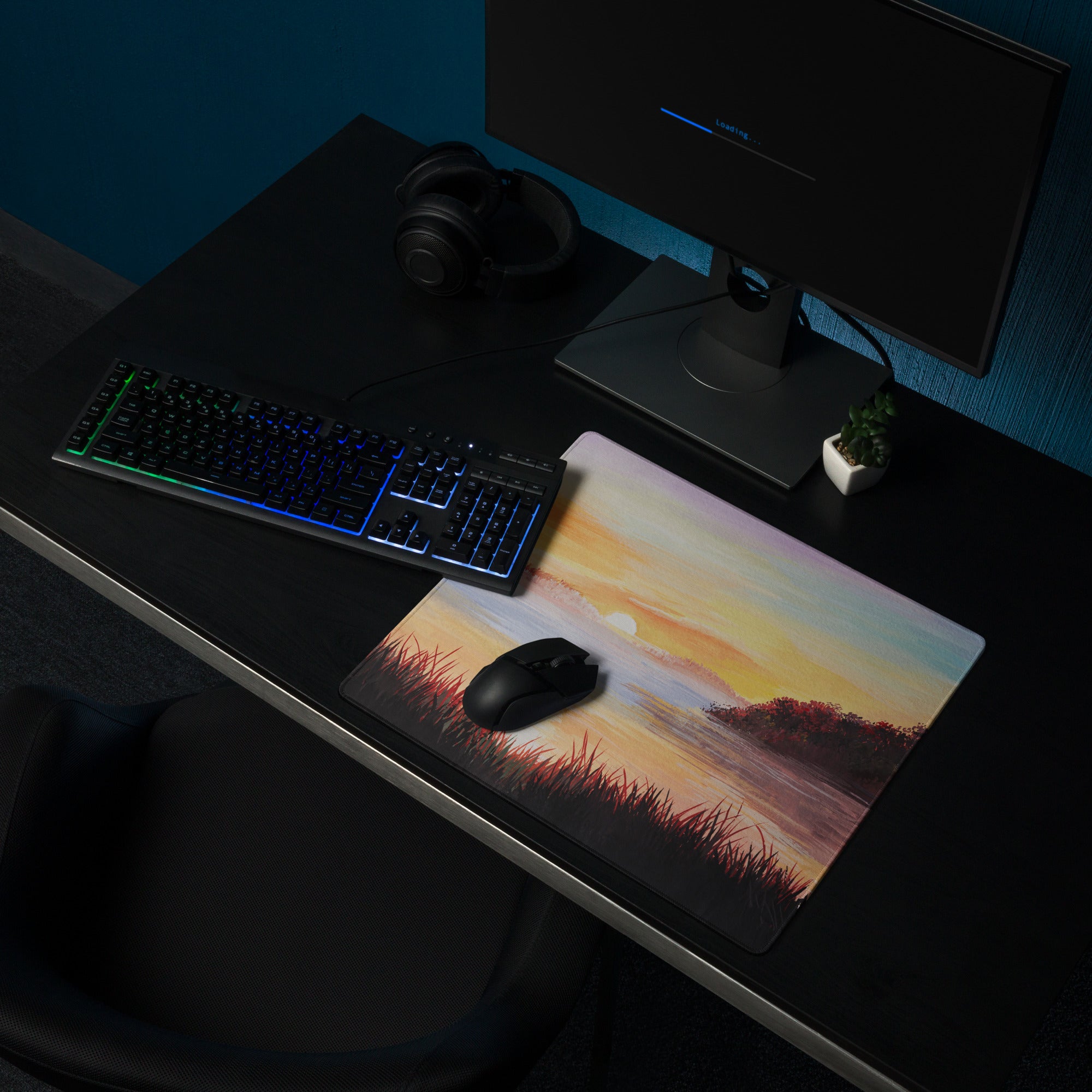 Sunset Coastal Landscape Mouse Pad - Sunset Coastal Landscape, warm oranges blues, gaming desk, impressionist style - calm mood, modern decor, oil painting