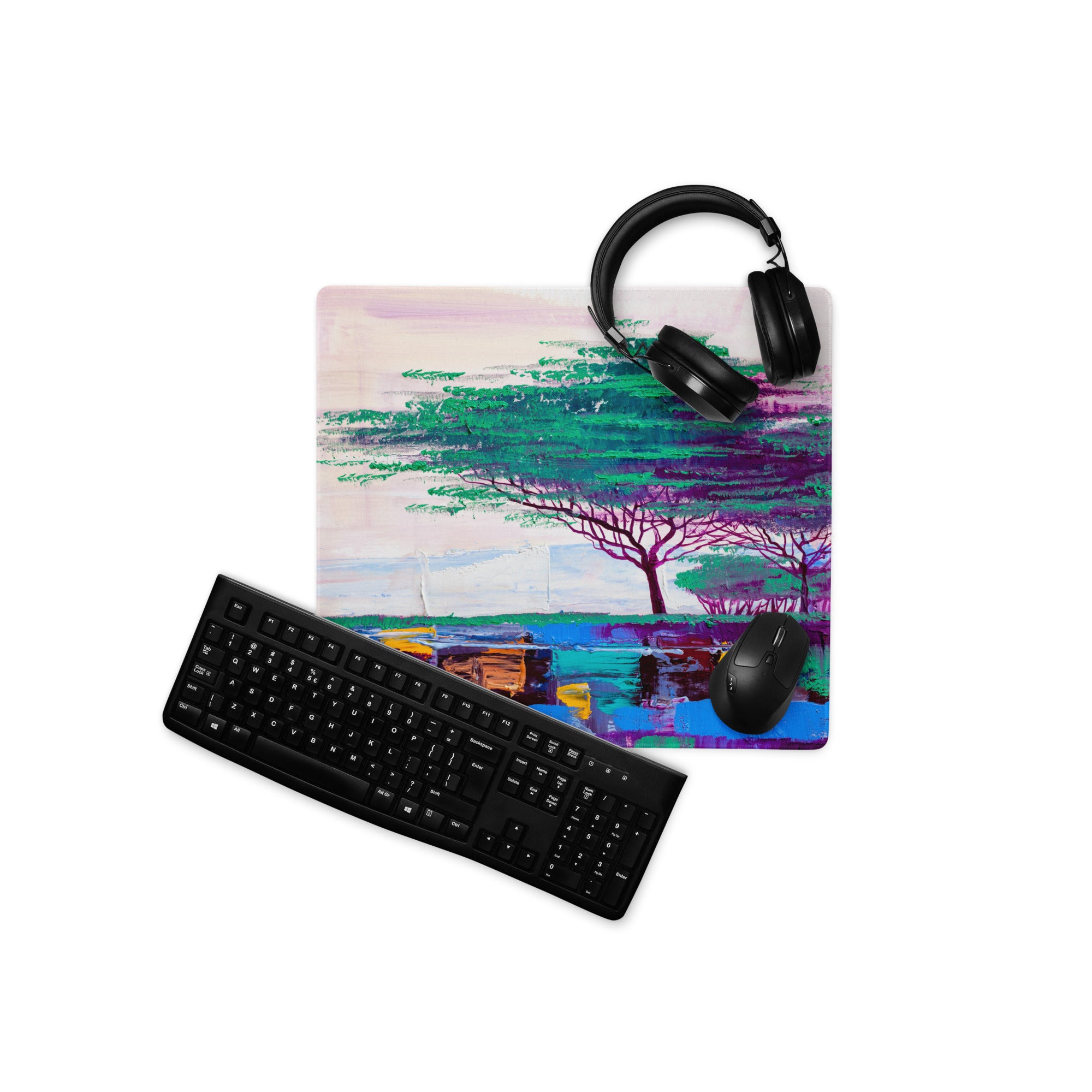 Pastel Tree Landscape Pad - Mouse Pad Landscape Art Pink Teal Desk Dreamy Mood For Gamers Printed Art