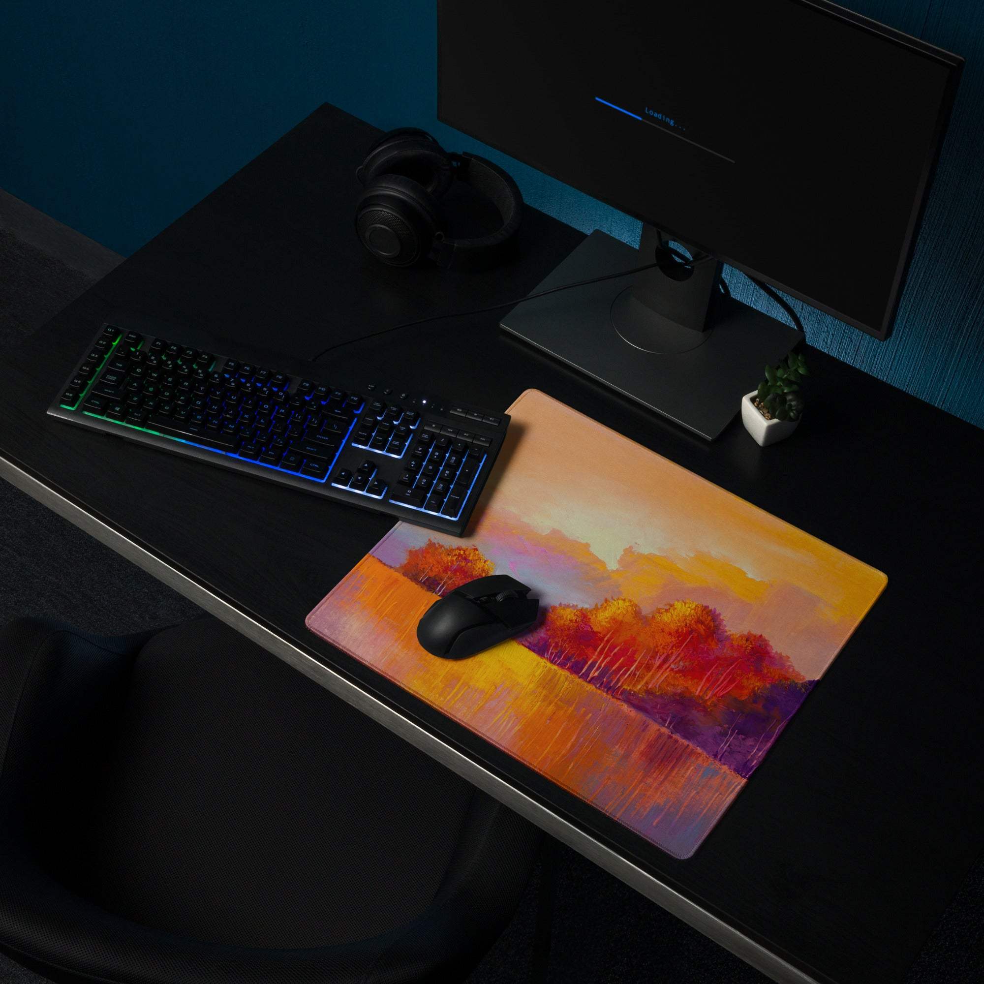 Autumn sunset landscape gaming mouse pad with glossy finish and vibrant orange purple yellow artistic design