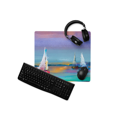 Azure Sailboats Abstract Mouse Pad - Sailboats Blue Teal Purple Orange Desktop Setup Abstract Dreamy Nautical Mood Modern Gaming Mouse Pad Acrylic