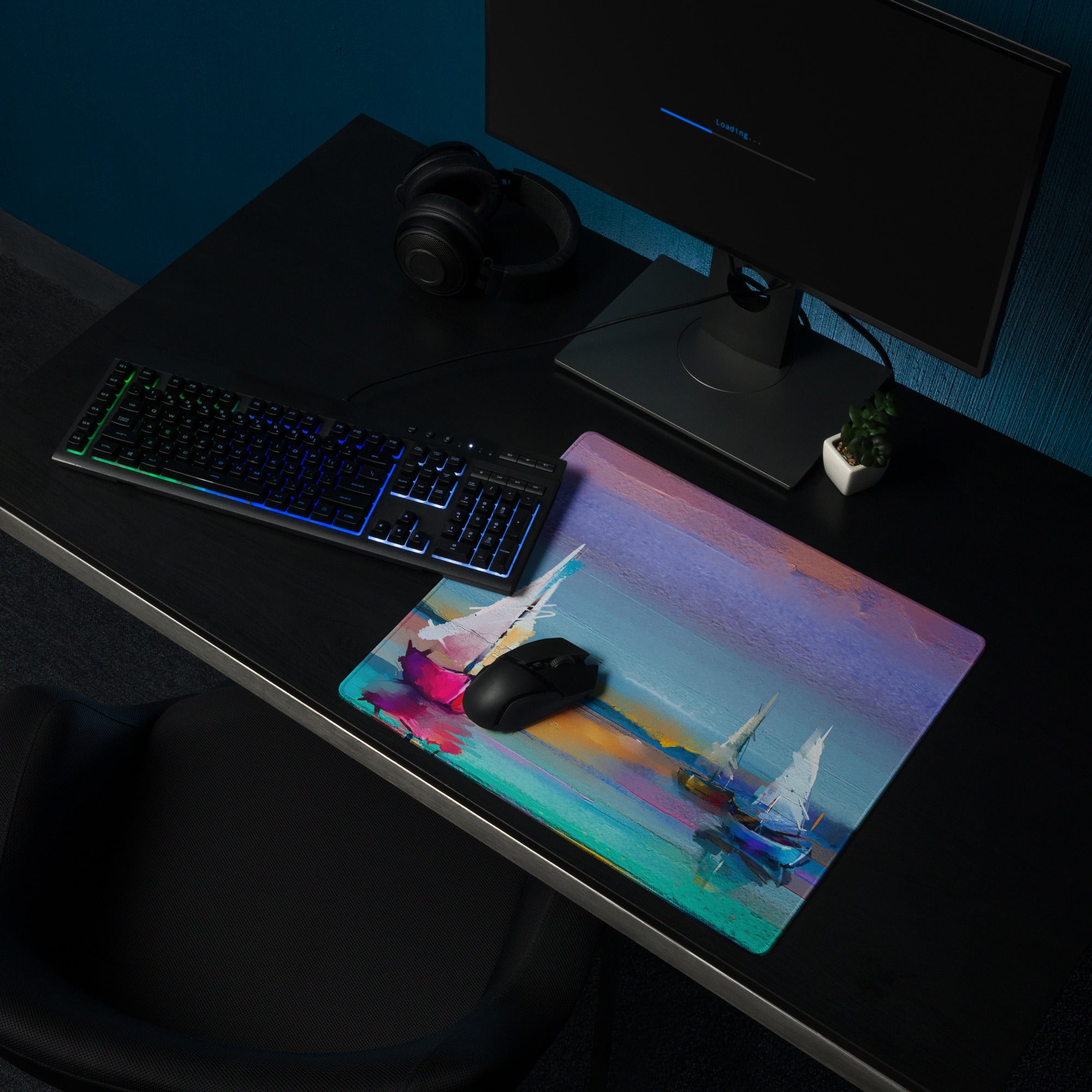 Azure Sailboats Abstract Mouse Pad - Sailboats Blue Teal Purple Orange Desktop Setup Abstract Dreamy Nautical Mood Modern Gaming Mouse Pad Acrylic