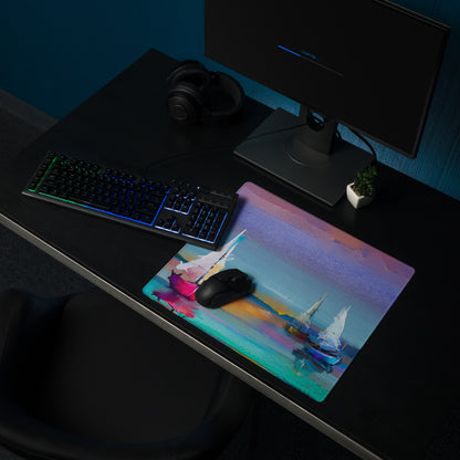 Azure Sailboats Abstract Mouse Pad - Sailboats Blue Teal Purple Orange Desktop Setup Abstract Dreamy Nautical Mood Modern Gaming Mouse Pad Acrylic