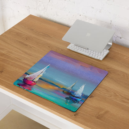 Azure Sailboats Abstract Mouse Pad - Sailboats Blue Teal Purple Orange Desktop Setup Abstract Dreamy Nautical Mood Modern Gaming Mouse Pad Acrylic