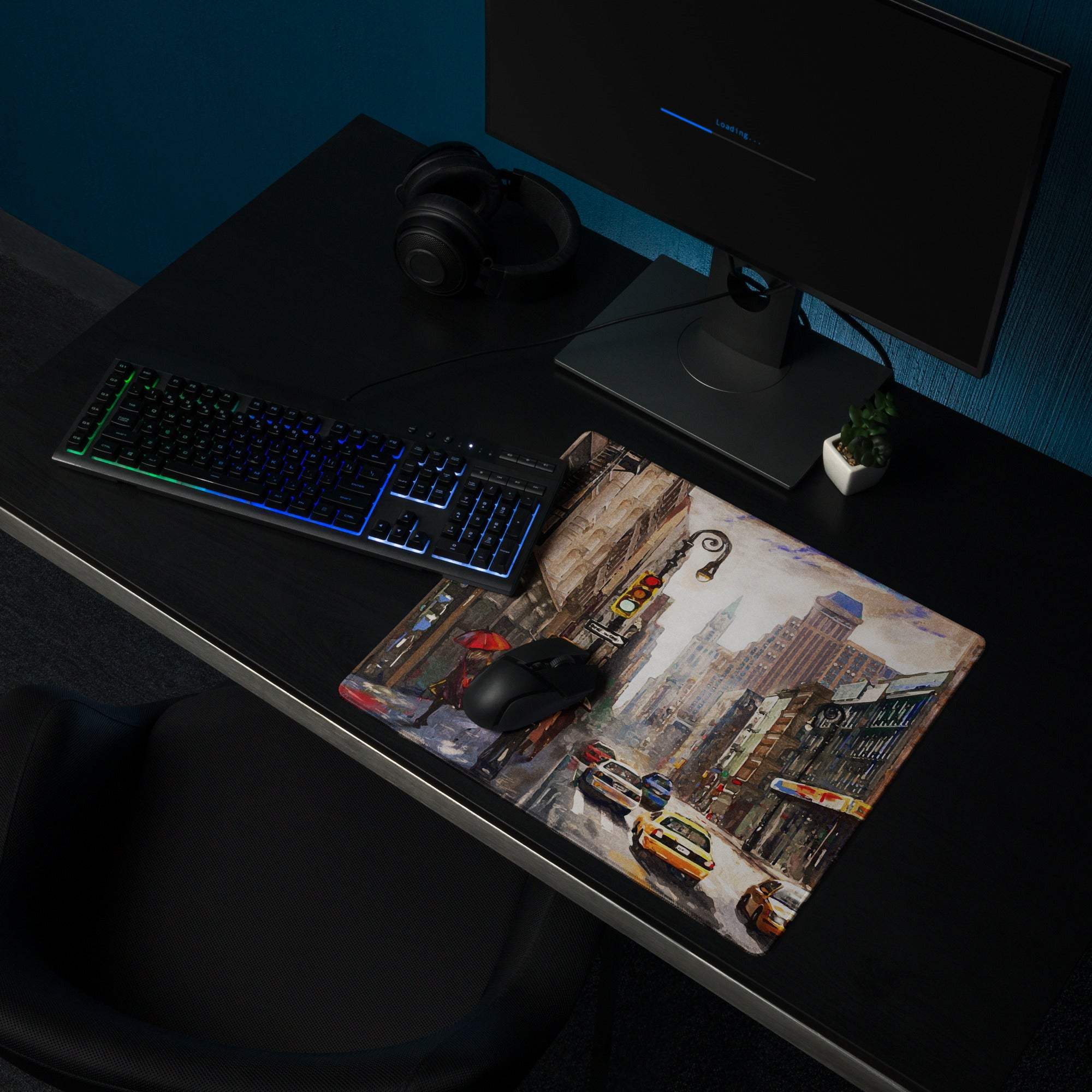 Rectangular urban rain city street mouse pad with detailed gray yellow vintage cityscape on dark desk surface