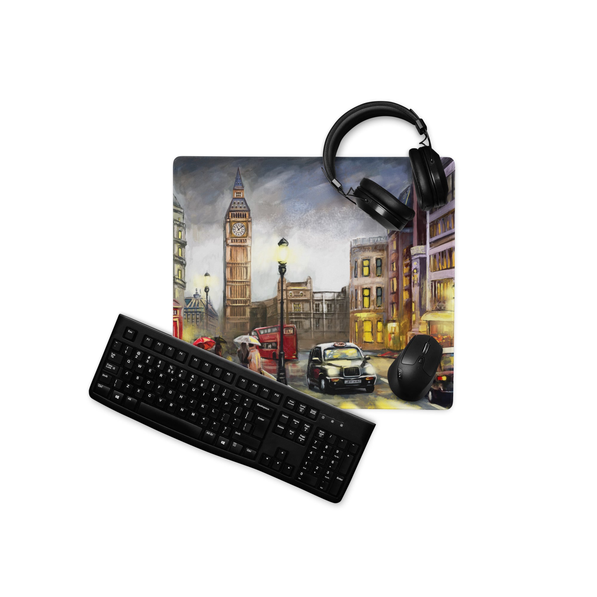 London City Street Scene Mouse Pad - London City Street Warm Yellow Red Desk Office Impressionist Moody Urban Watercolor