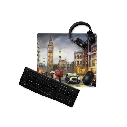 London City Street Scene Mouse Pad - London City Street Warm Yellow Red Desk Office Impressionist Moody Urban Watercolor