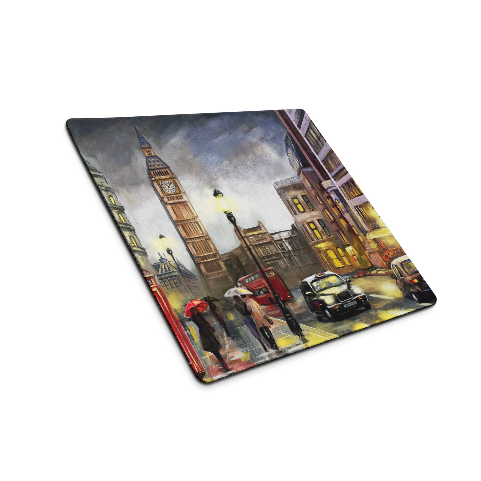 London City Street Scene Mouse Pad - London City Street Warm Yellow Red Desk Office Impressionist Moody Urban Watercolor
