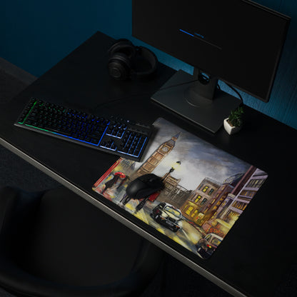 London City Street Scene Mouse Pad - London City Street Warm Yellow Red Desk Office Impressionist Moody Urban Watercolor