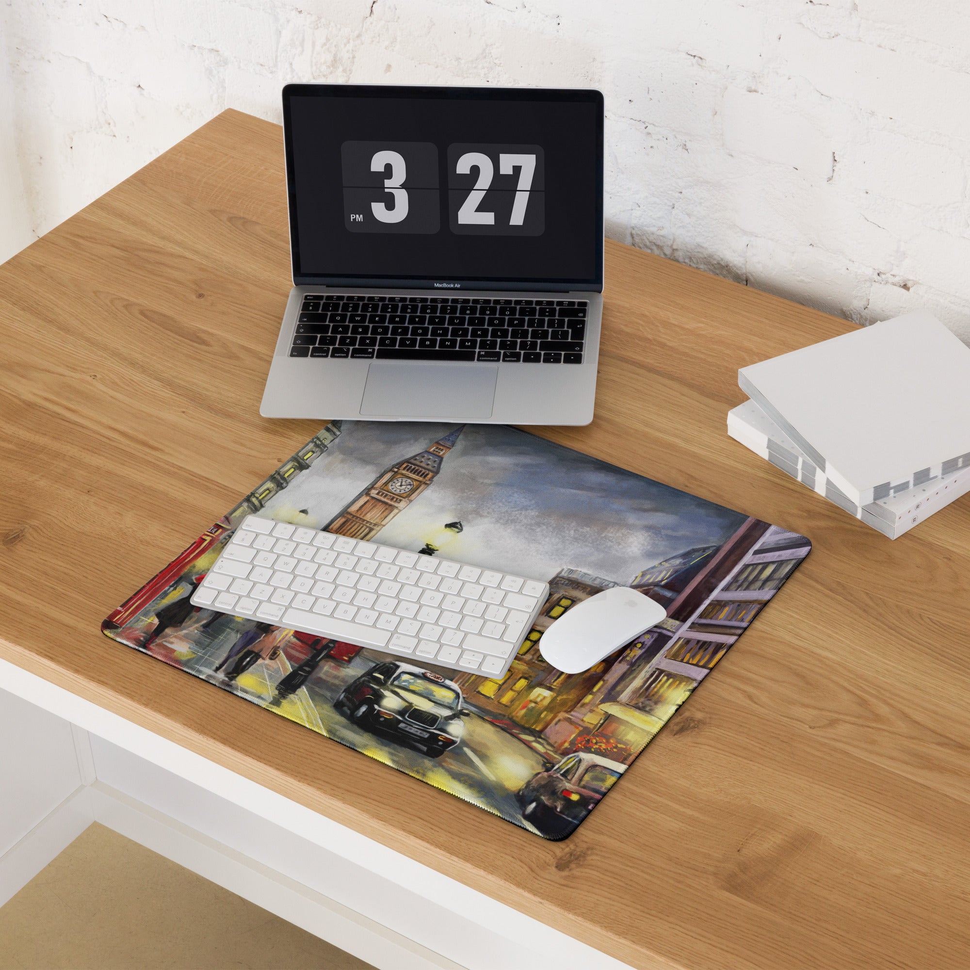 London City Street Scene Mouse Pad - London City Street Warm Yellow Red Desk Office Impressionist Moody Urban Watercolor