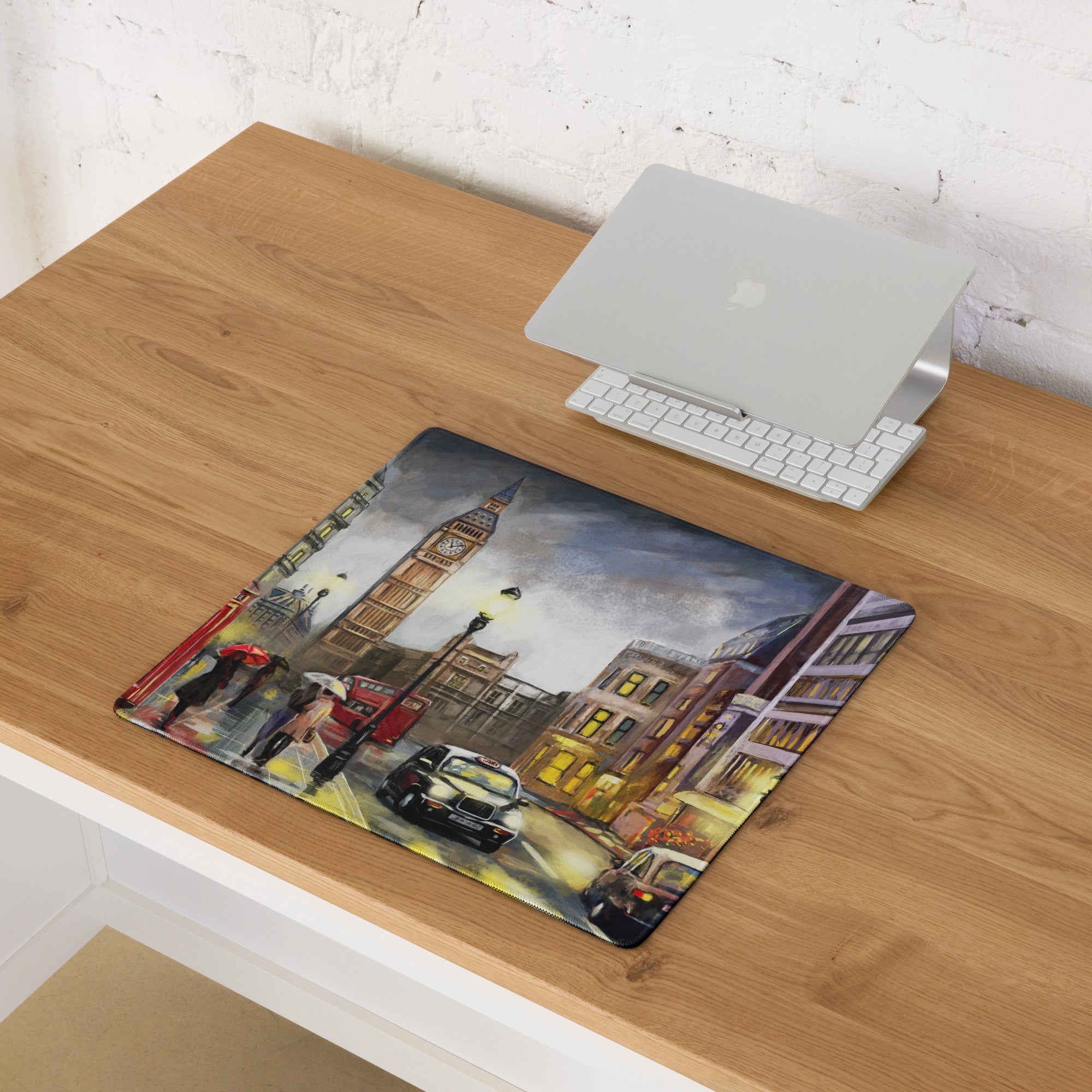 London City Street Scene Mouse Pad - London City Street Warm Yellow Red Desk Office Impressionist Moody Urban Watercolor