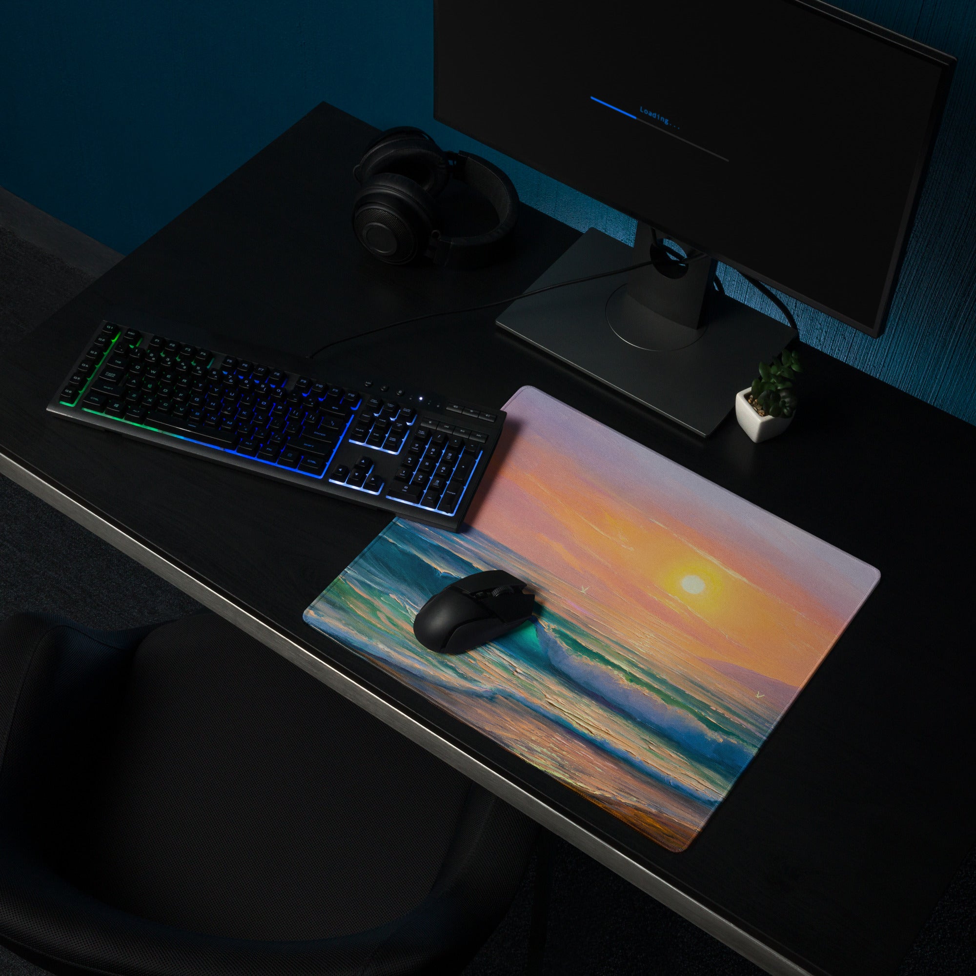 Sunset Seascape Gaming Mousepad - Gaming Mouse Pad Sunset Hues Pink Blue Desk Calm Mood Minimal Decor Niche Oil Painting