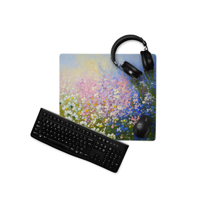 Impressionist Daisy Field Mouse Pad - Daisy Field Artwork White Yellow Pink Blue Gaming Desk Impressionist Oil Painting