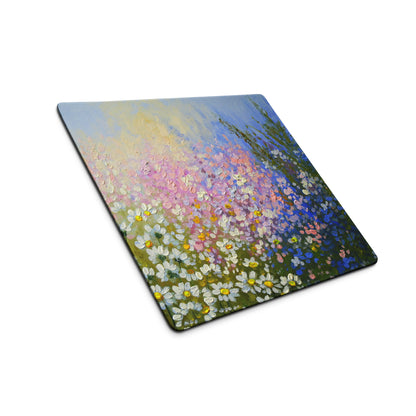 Impressionist Daisy Field Mouse Pad - Daisy Field Artwork White Yellow Pink Blue Gaming Desk Impressionist Oil Painting