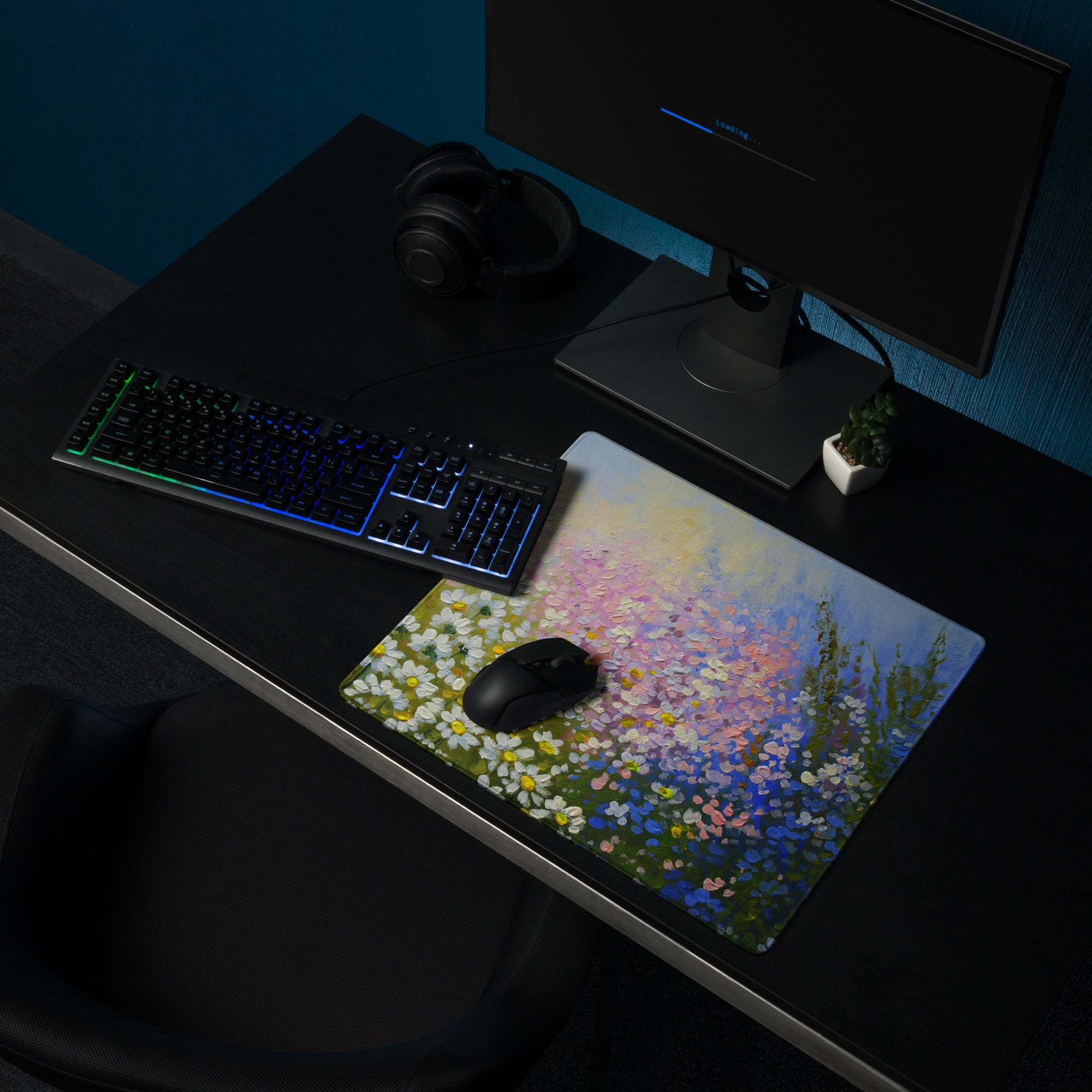 Impressionist Daisy Field Mouse Pad - Daisy Field Artwork White Yellow Pink Blue Gaming Desk Impressionist Oil Painting