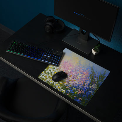 Impressionist Daisy Field Mouse Pad - Daisy Field Artwork White Yellow Pink Blue Gaming Desk Impressionist Oil Painting