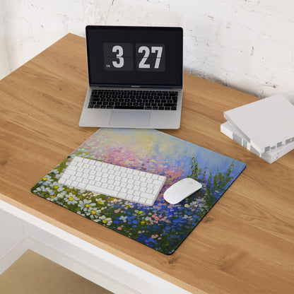 Impressionist Daisy Field Mouse Pad - Daisy Field Artwork White Yellow Pink Blue Gaming Desk Impressionist Oil Painting