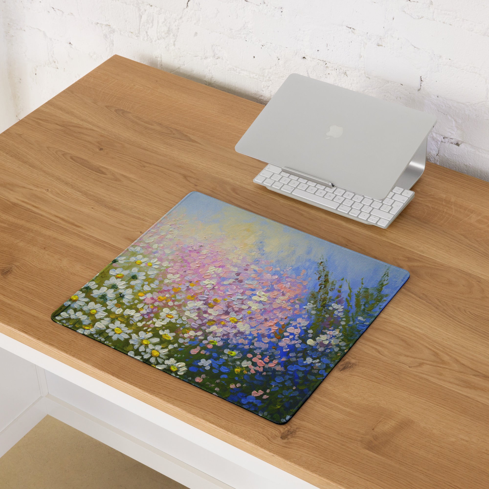 Impressionist Daisy Field Mouse Pad - Daisy Field Artwork White Yellow Pink Blue Gaming Desk Impressionist Oil Painting
