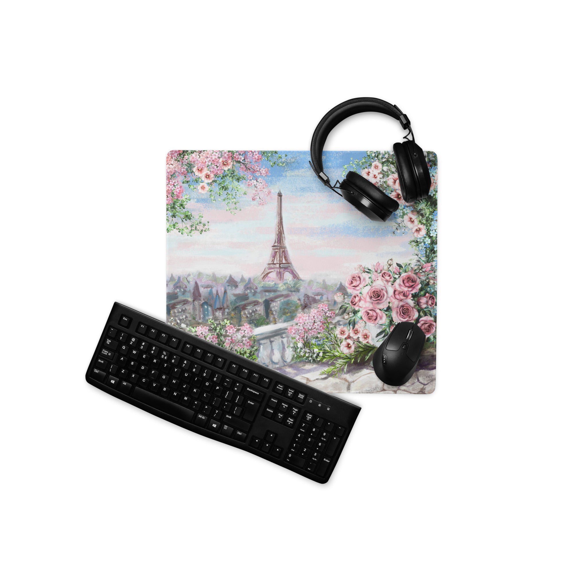 Parisian Floral Eiffel Mouse Pad - Mouse Pad Pastel Pink Blue Green Home Office Watercolor Floral Dreamy Paris Decor