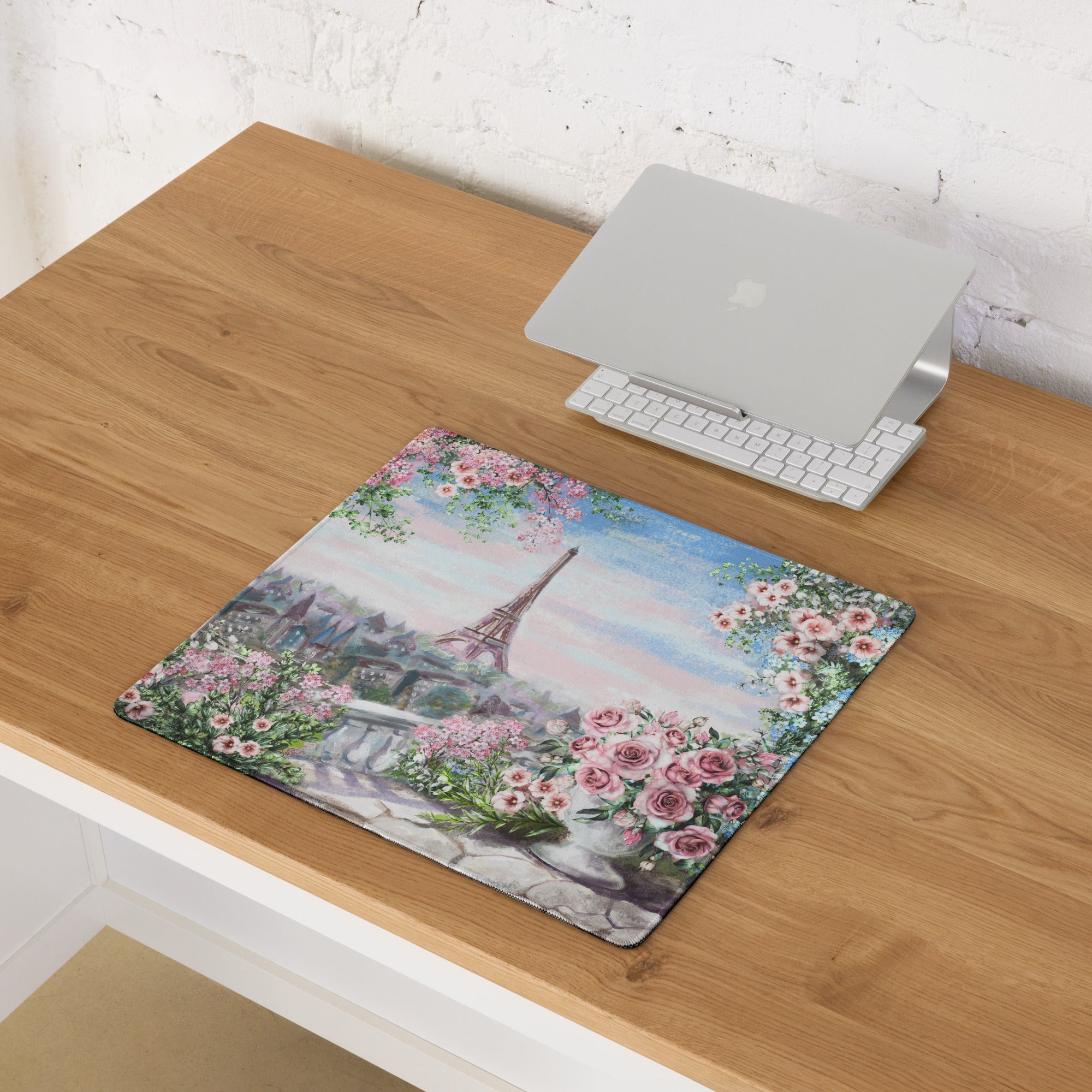 Parisian Floral Eiffel Mouse Pad - Mouse Pad Pastel Pink Blue Green Home Office Watercolor Floral Dreamy Paris Decor