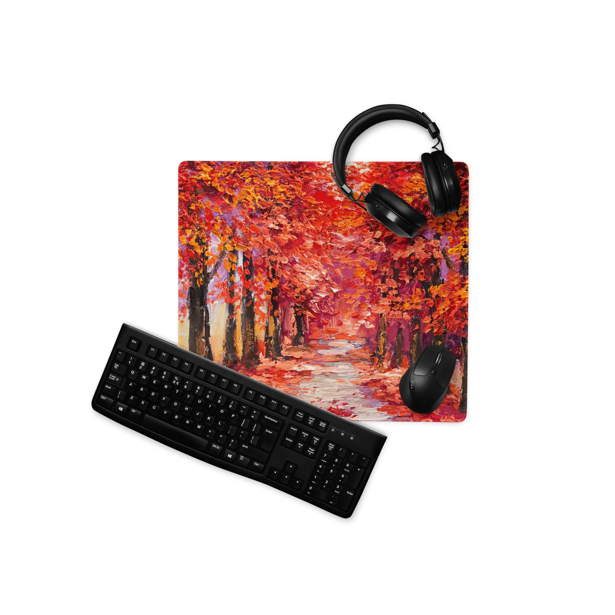 Autumn Leaves Forest Art Mouse Pad - Autumn Leaves Forest, Orange Red Purple, Desk, Gaming; Impressionist Mood Cozy