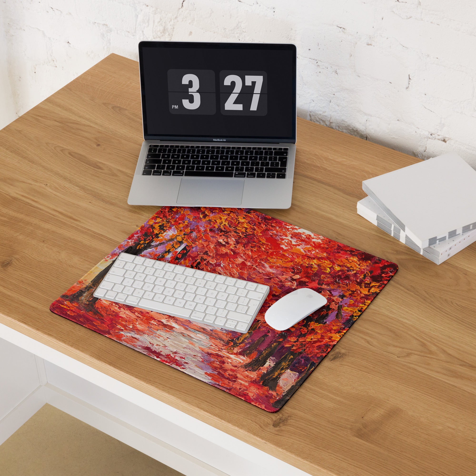 Autumn Leaves Forest Art Mouse Pad - Autumn Leaves Forest, Orange Red Purple, Desk, Gaming; Impressionist Mood Cozy