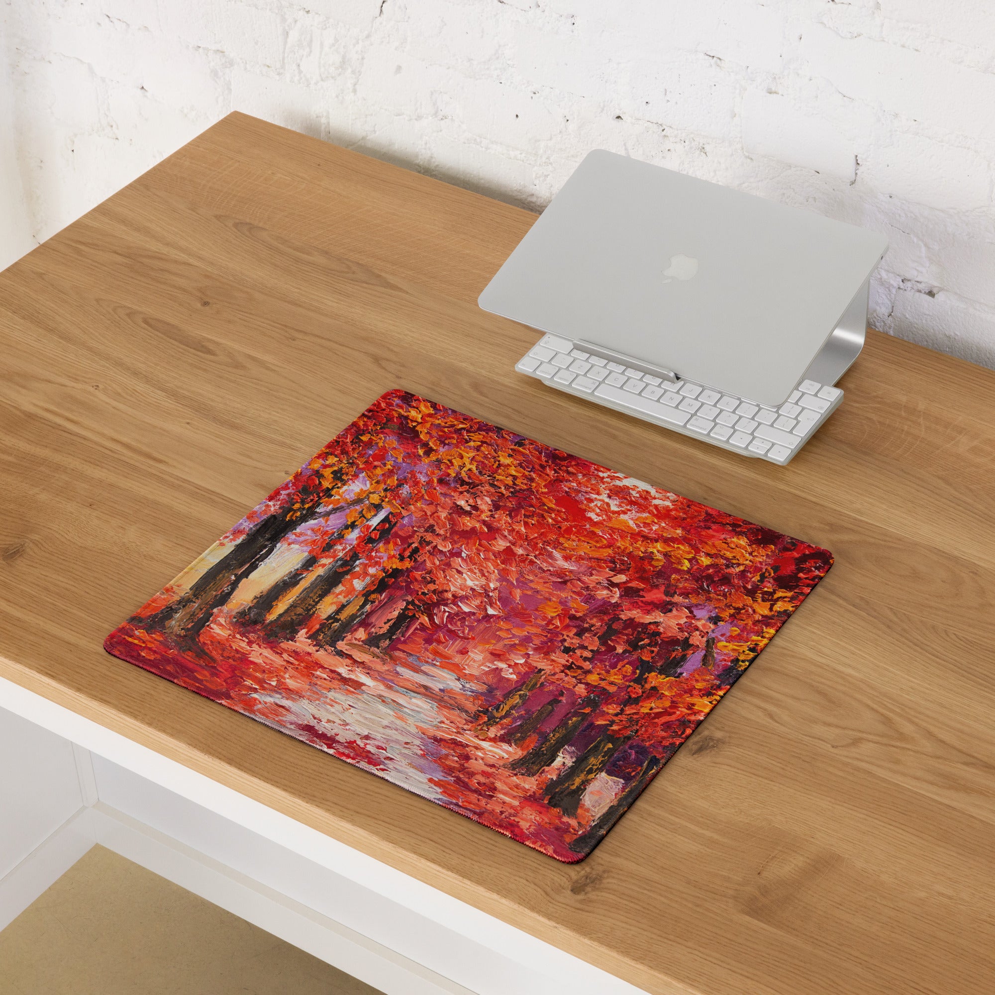 Autumn Leaves Forest Art Mouse Pad - Autumn Leaves Forest, Orange Red Purple, Desk, Gaming; Impressionist Mood Cozy