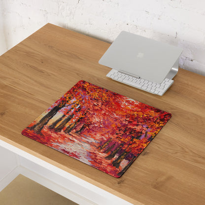 Autumn Leaves Forest Art Mouse Pad - Autumn Leaves Forest, Orange Red Purple, Desk, Gaming; Impressionist Mood Cozy