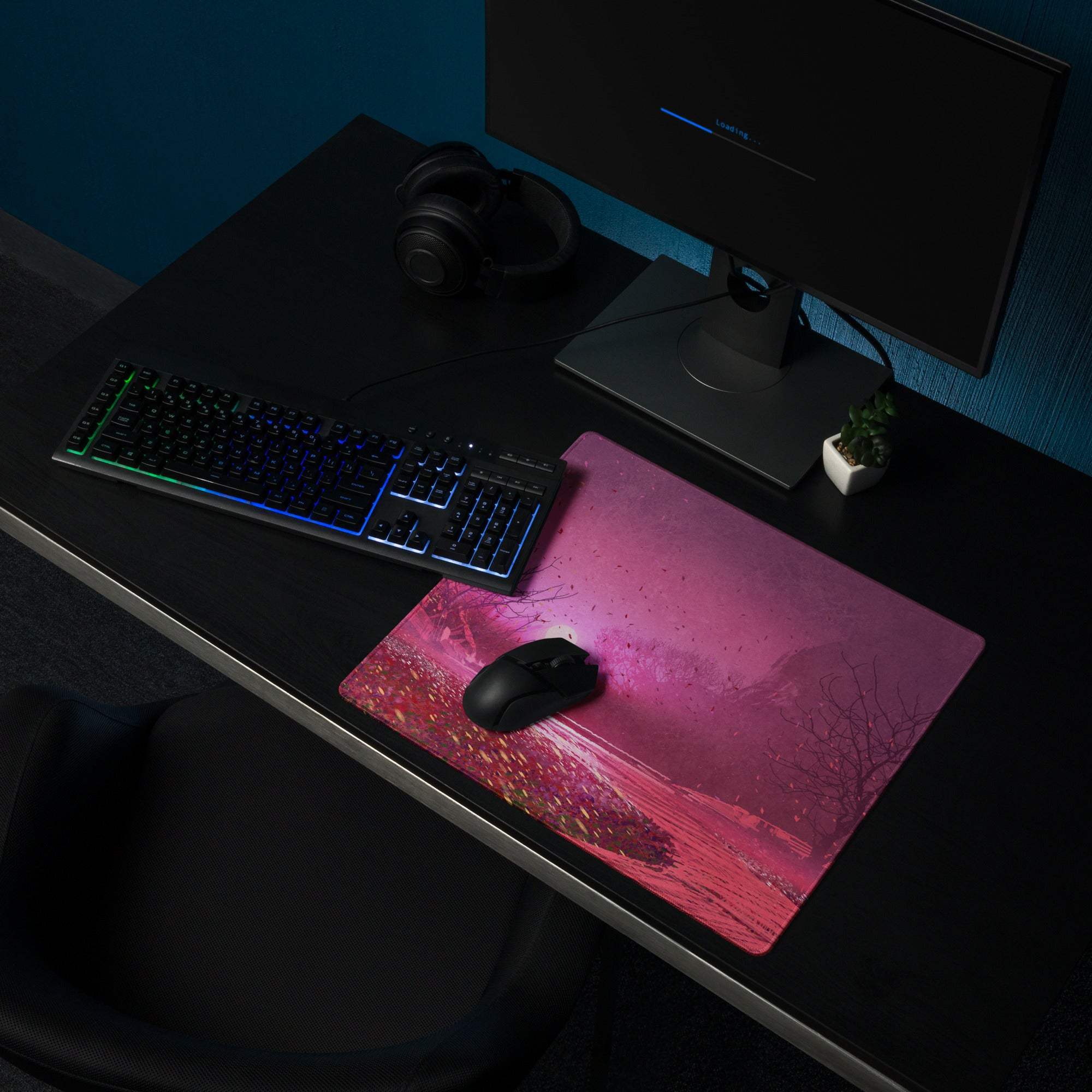 Purple sunset forest mouse pad rectangular pink magenta gradient with stylized bare tree landscape on dark desk