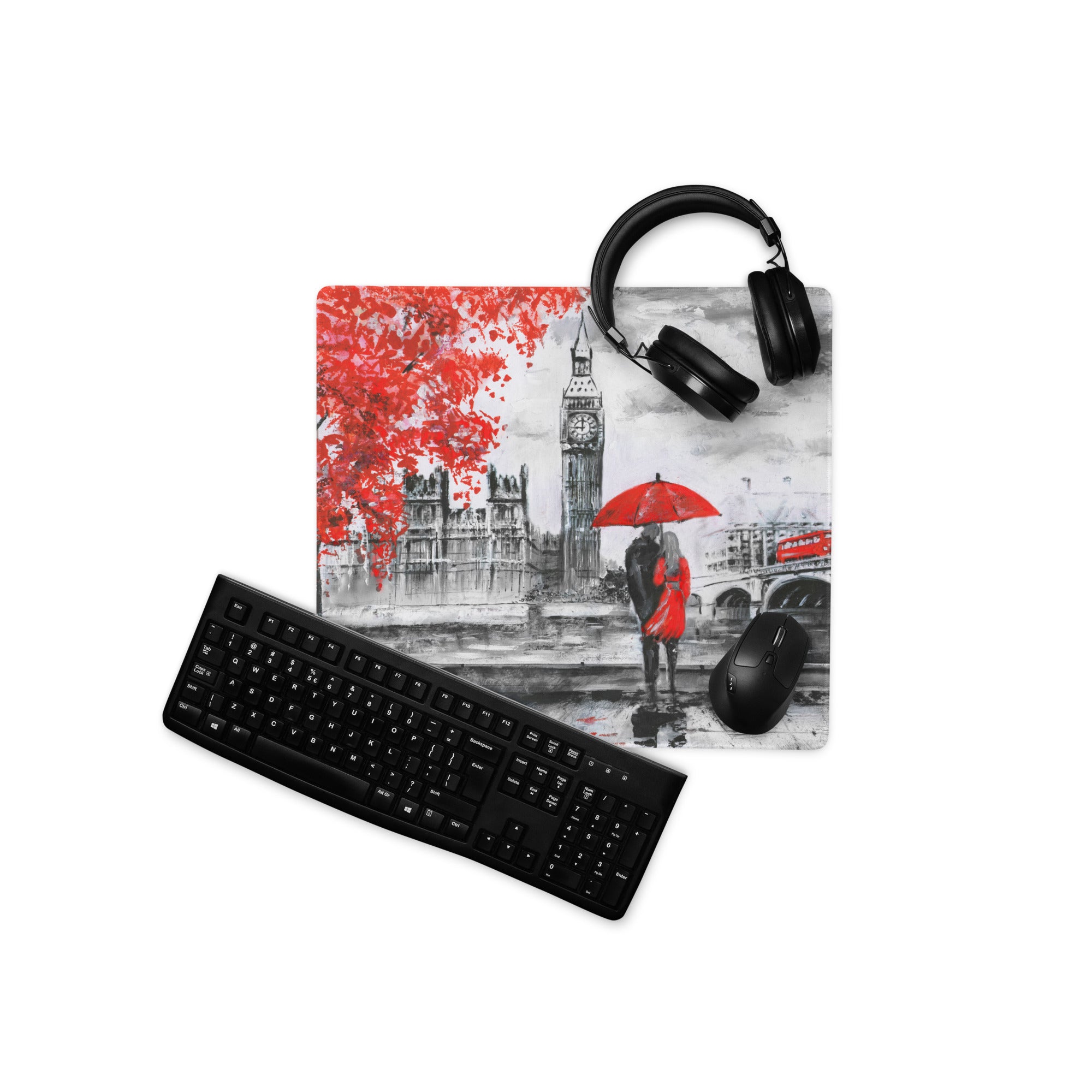 London Cityscape Red Accent Mouse Pad - London Cityscape Red Black White Gaming Modern Moody Urban Art Cityscape Pad