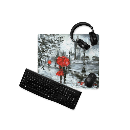 Red Umbrella City Rain Mouse Pad - Rainy City Scene Red Umbrella Desk Mouse Pad Impressionist Moody Urban Modern Minimal