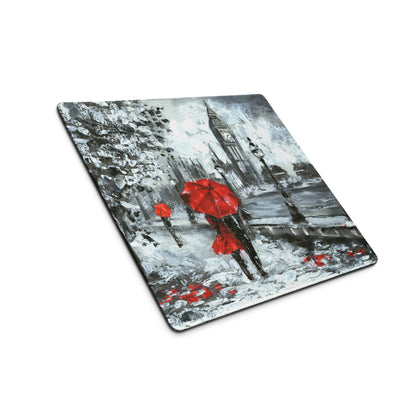Red Umbrella City Rain Mouse Pad - Rainy City Scene Red Umbrella Desk Mouse Pad Impressionist Moody Urban Modern Minimal