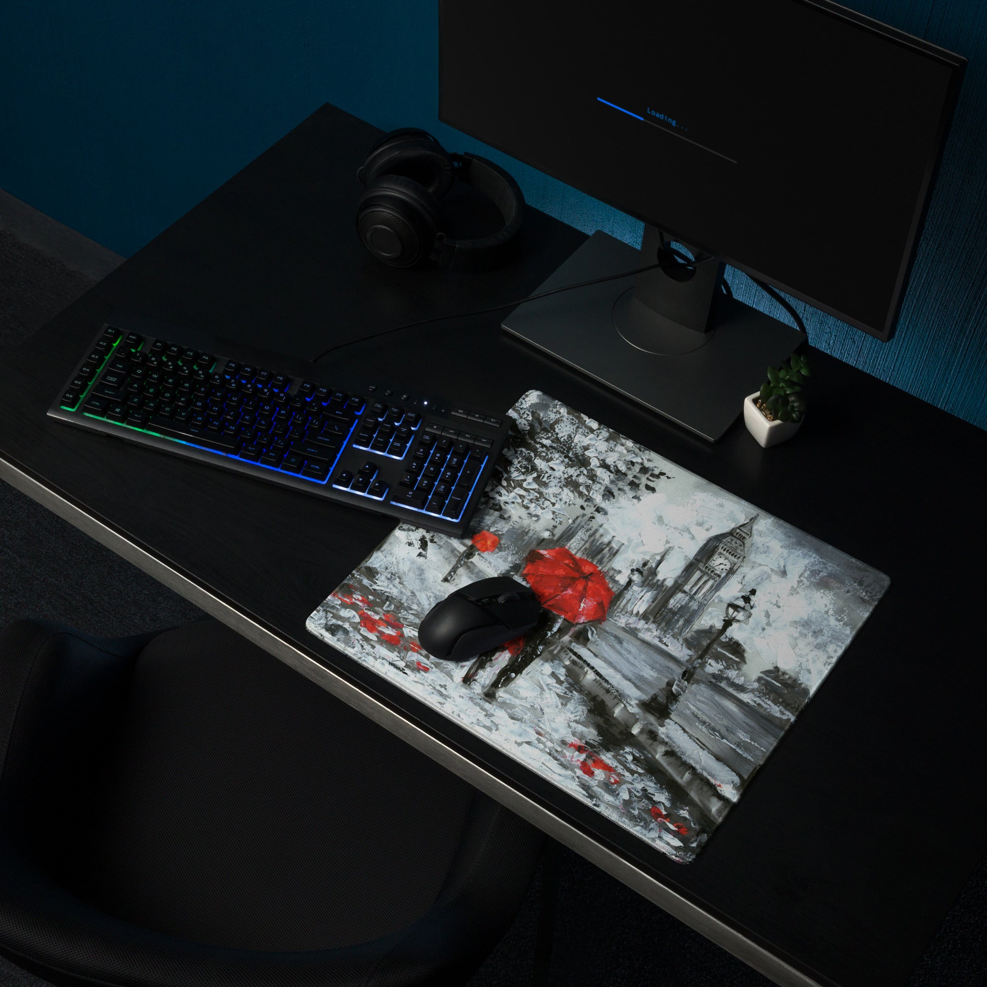 Red Umbrella City Rain Mouse Pad - Rainy City Scene Red Umbrella Desk Mouse Pad Impressionist Moody Urban Modern Minimal