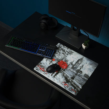 Red Umbrella City Rain Mouse Pad - Rainy City Scene Red Umbrella Desk Mouse Pad Impressionist Moody Urban Modern Minimal
