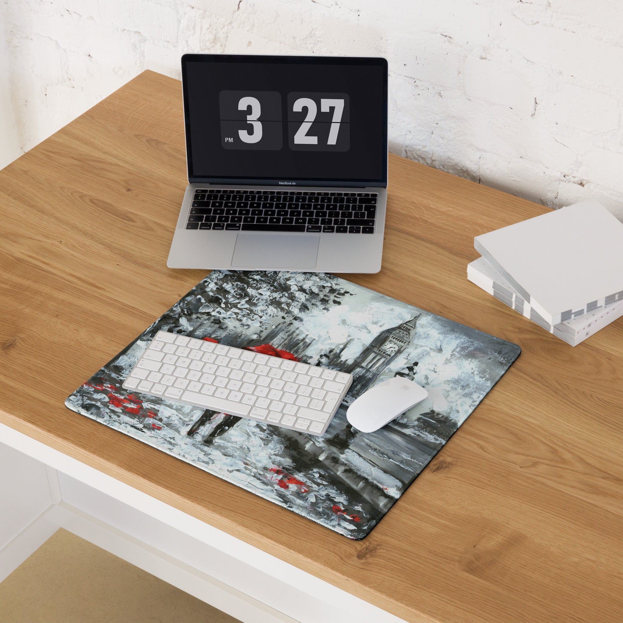 Red Umbrella City Rain Mouse Pad - Rainy City Scene Red Umbrella Desk Mouse Pad Impressionist Moody Urban Modern Minimal
