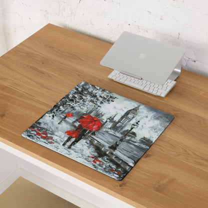 Red Umbrella City Rain Mouse Pad - Rainy City Scene Red Umbrella Desk Mouse Pad Impressionist Moody Urban Modern Minimal