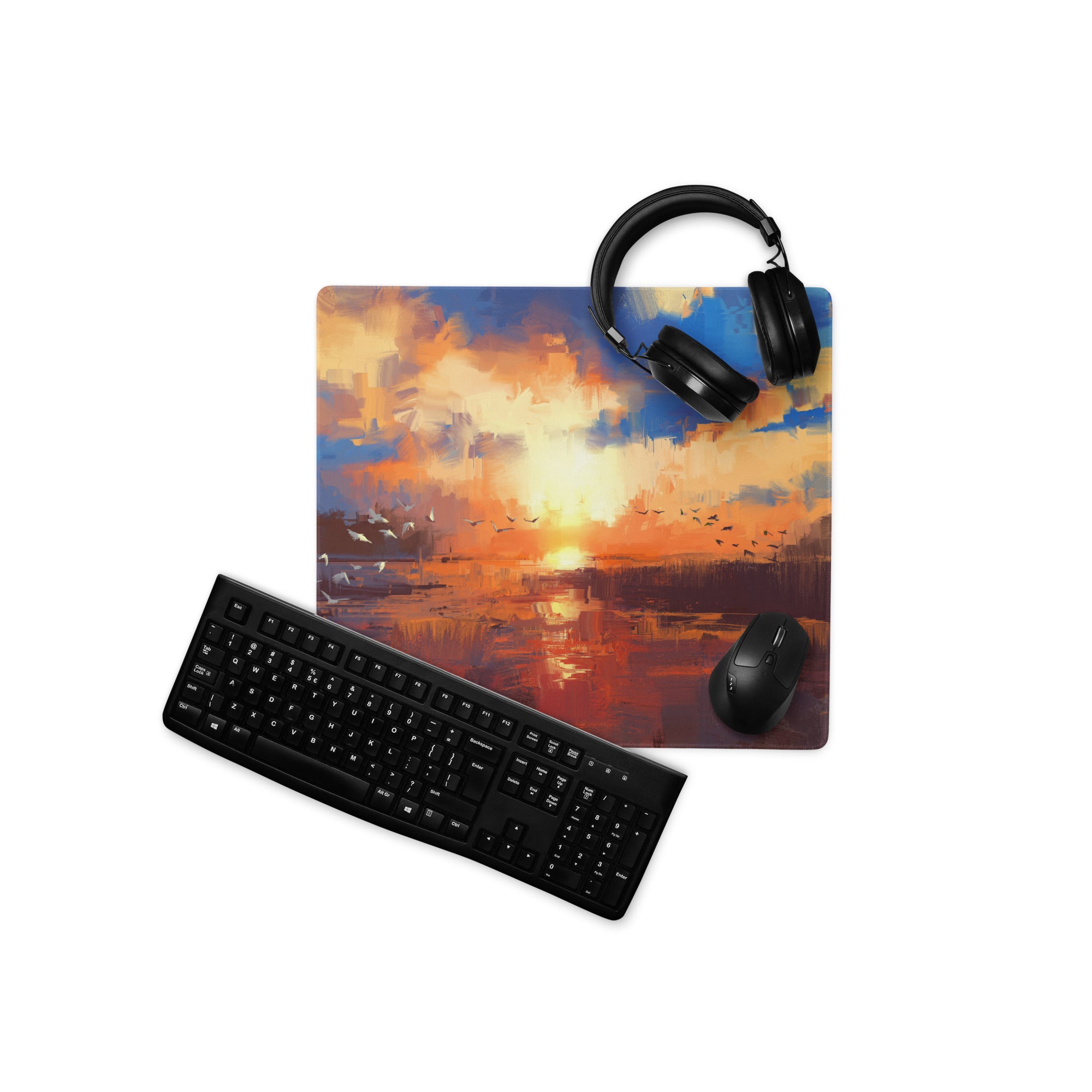 Sunset Abstract Gaming Desk Mat - Abstract Sunset Blue Orange Desk Impressionist Warm Mood Modern Decor Desk Mat Digital