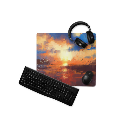 Sunset Abstract Gaming Desk Mat - Abstract Sunset Blue Orange Desk Impressionist Warm Mood Modern Decor Desk Mat Digital