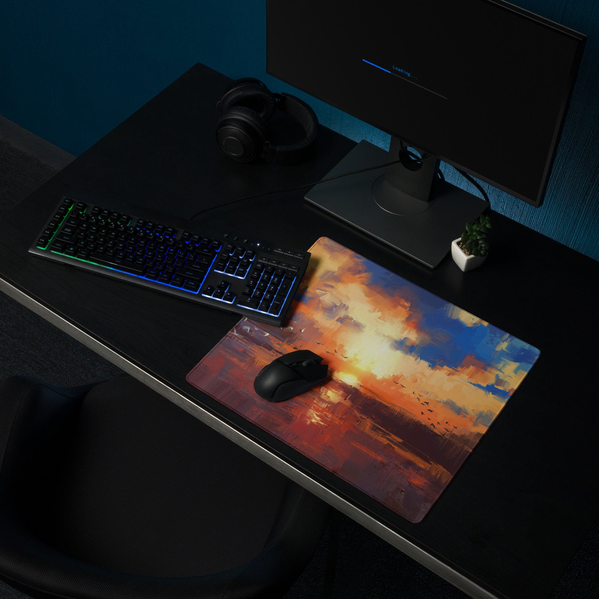 Sunset Abstract Gaming Desk Mat - Abstract Sunset Blue Orange Desk Impressionist Warm Mood Modern Decor Desk Mat Digital