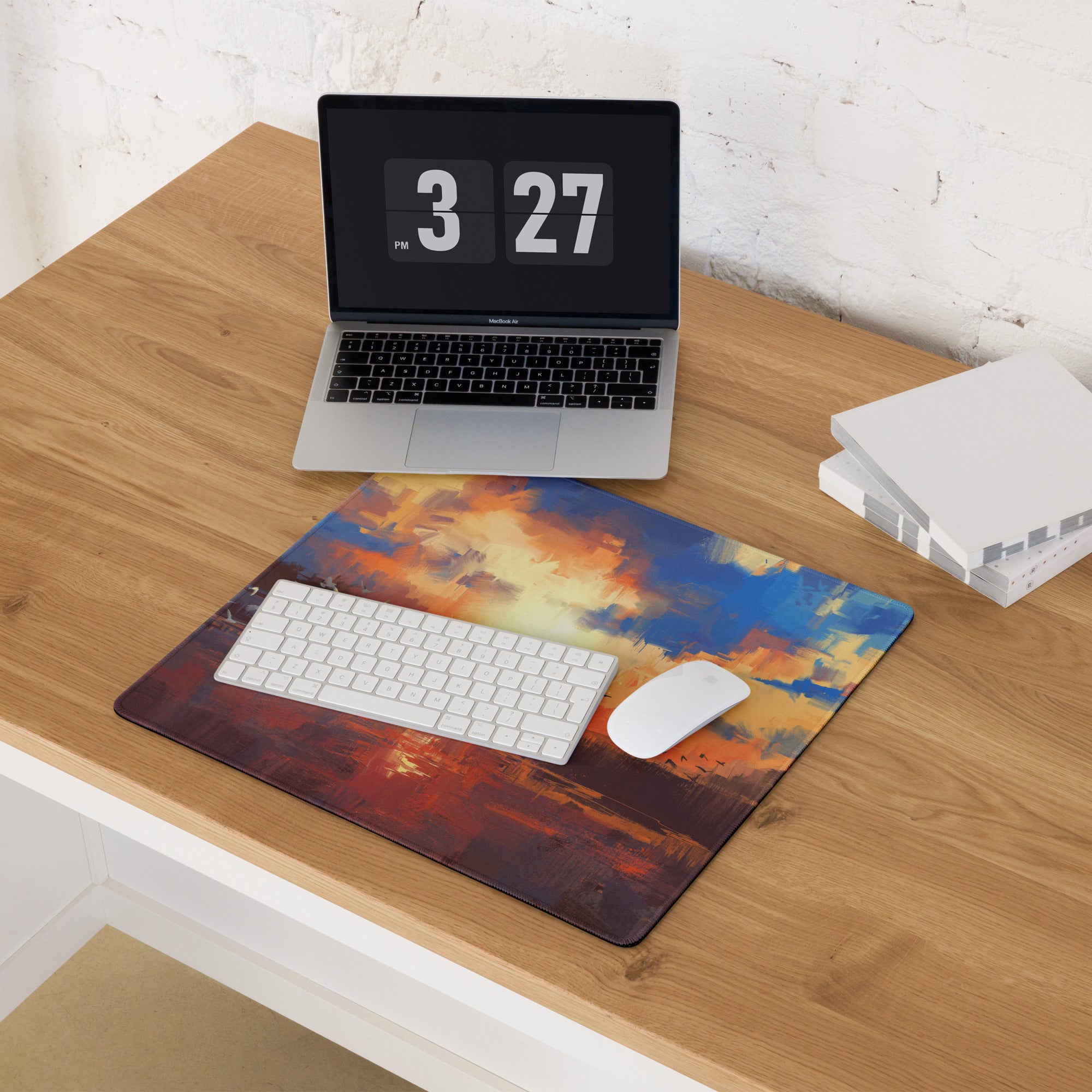 Sunset Abstract Gaming Desk Mat - Abstract Sunset Blue Orange Desk Impressionist Warm Mood Modern Decor Desk Mat Digital